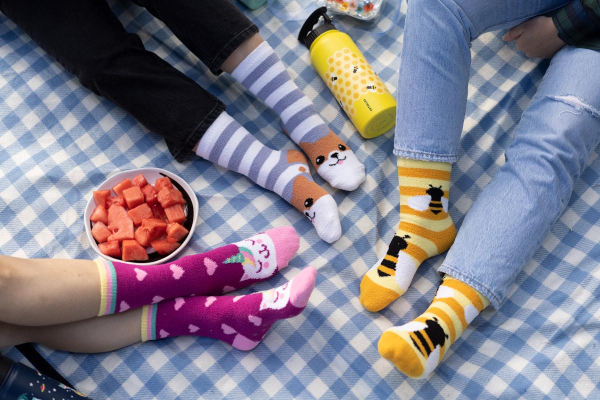 3 pairs of legs sitting on a blue checkered blanket with fuzzy socks on. One model has pink socks with a cat that has a unicorn horn, another model has blue/white striped socks that have a corgi face on them, and the last model is wearing yellow socks with bees on them.